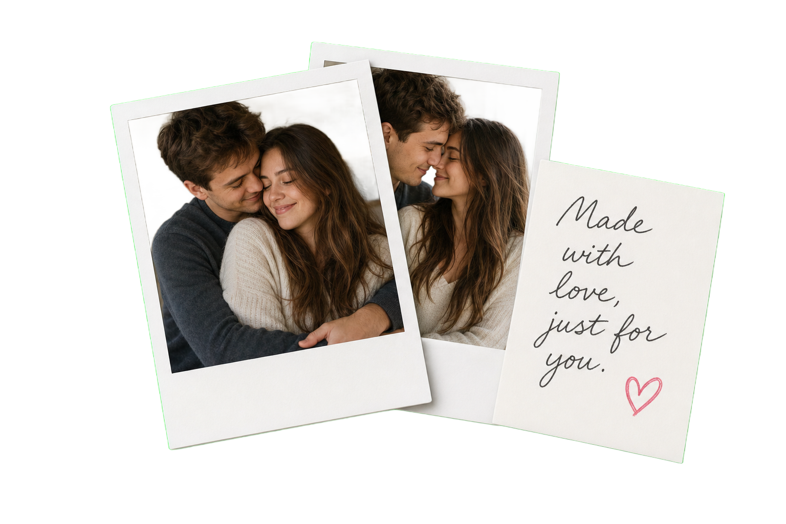 Polaroid photos of a couple with a handwritten note saying made with love just for you
