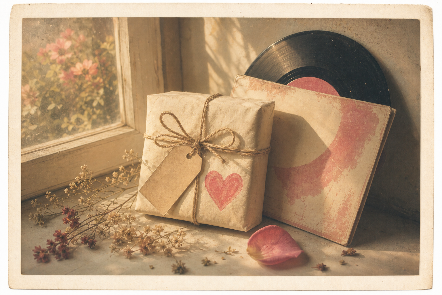 A gift wrapped in cream paper with a hand-painted pink heart, beside a vinyl record on a sunlit windowsill