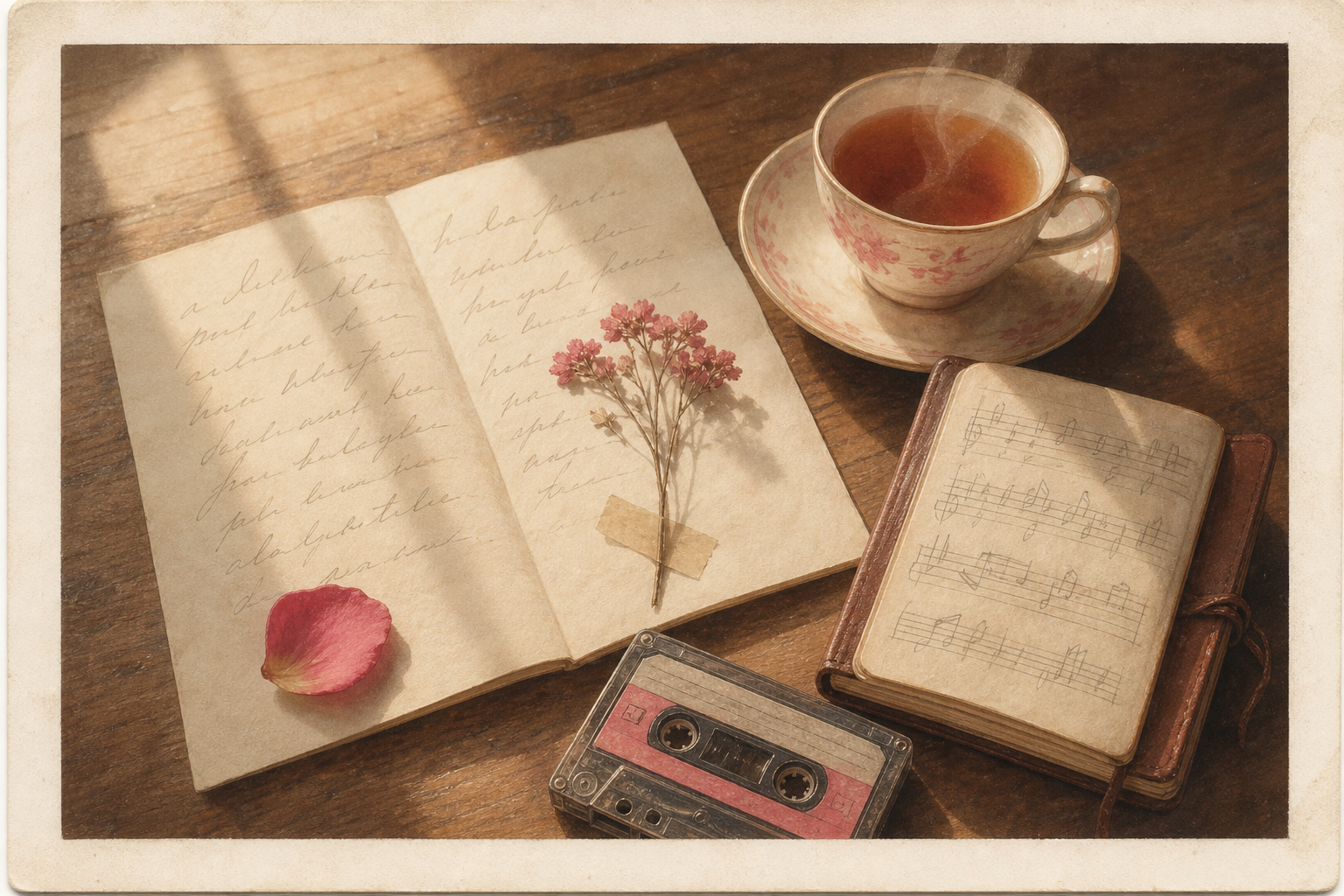 A handwritten letter, an open notebook with sketched music, a vintage cassette, and a teacup on a wooden table